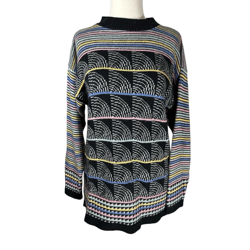 Vintage 80s Black Knit Geometric Pastel Rainbow Tunic Sweater Sz M